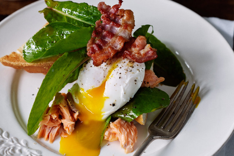Hot-smoked Salmon with Sorrel, Poached Eggs & Crispy Pancetta by Julie Biuso