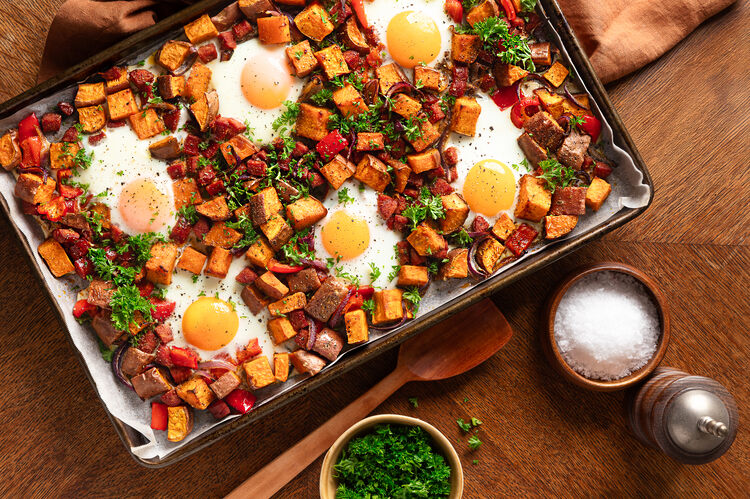 Kumara and Chorizo Tray Bake